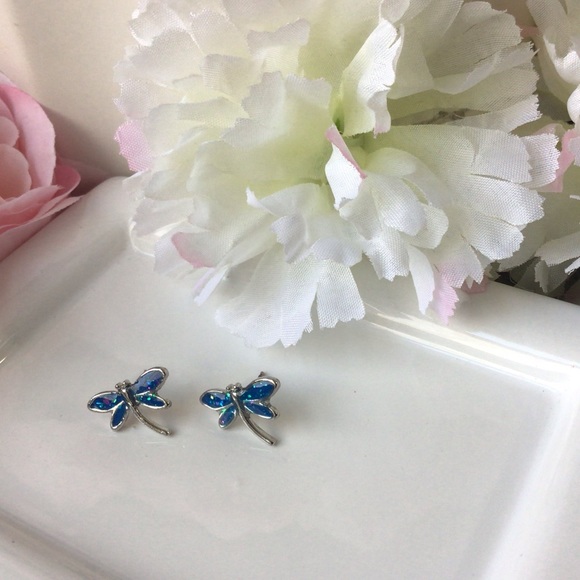 925 Sterling Silver Blue Fire Opal Earrings - Picture 4 of 7